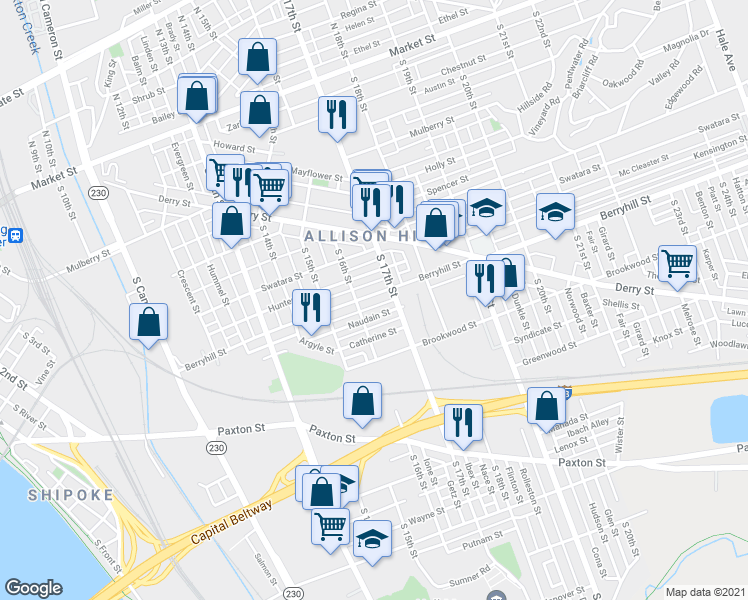 map of restaurants, bars, coffee shops, grocery stores, and more near 1543 Berryhill Street in Harrisburg