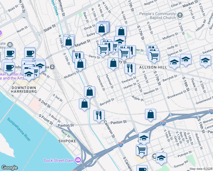 map of restaurants, bars, coffee shops, grocery stores, and more near 1226 Swatara Street in Harrisburg