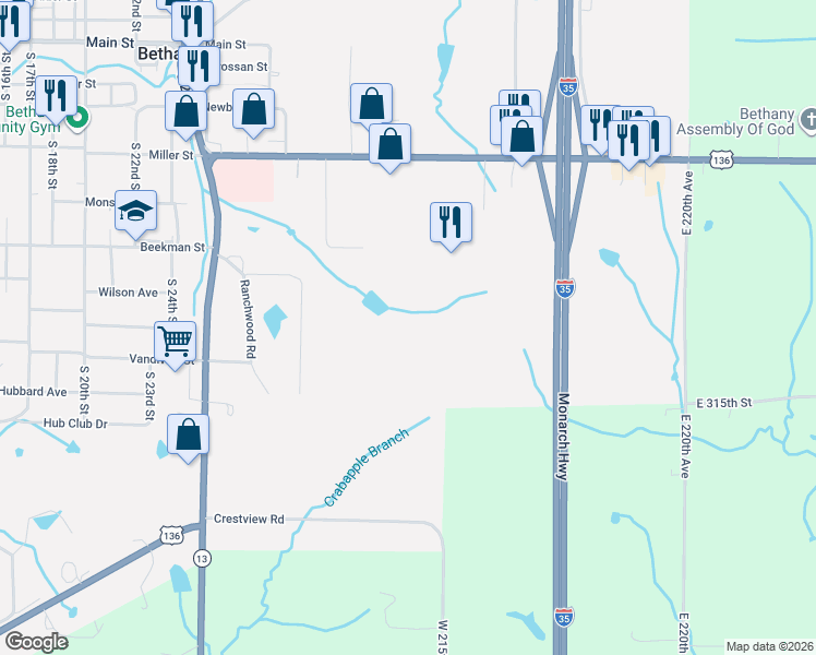 map of restaurants, bars, coffee shops, grocery stores, and more near in Bethany