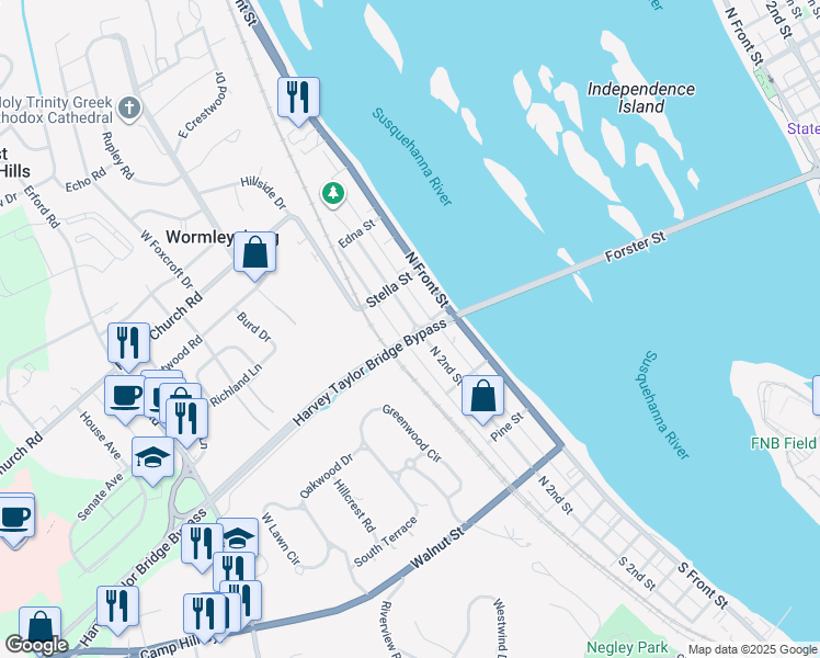 map of restaurants, bars, coffee shops, grocery stores, and more near 502 North 2nd Street in Wormleysburg