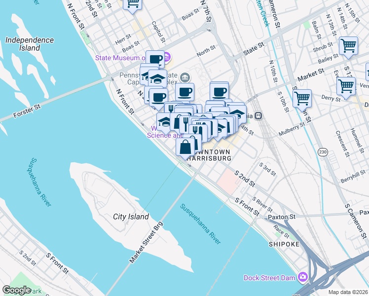 map of restaurants, bars, coffee shops, grocery stores, and more near 120 Walnut Street in Harrisburg