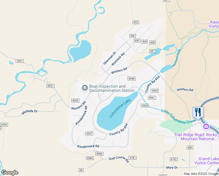 map of restaurants, bars, coffee shops, grocery stores, and more near 119 Lily Lane in Grand Lake