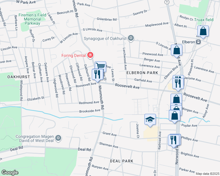 map of restaurants, bars, coffee shops, grocery stores, and more near 328 Roosevelt Avenue in Ocean Township