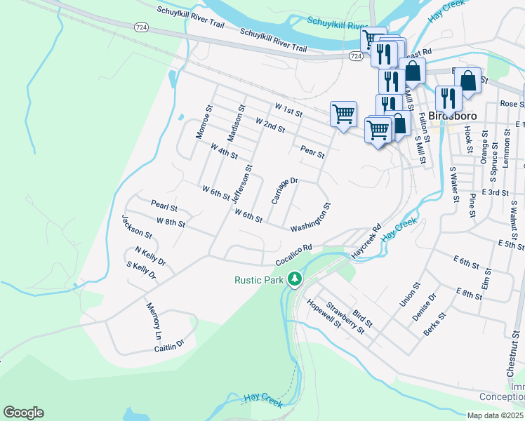 map of restaurants, bars, coffee shops, grocery stores, and more near 537 Silver Brook Drive in Birdsboro