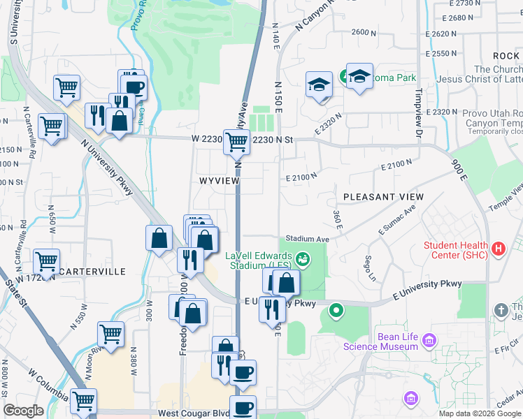 map of restaurants, bars, coffee shops, grocery stores, and more near 1963 North Canyon Road in Provo
