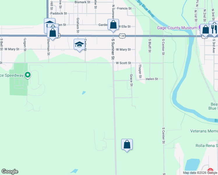 map of restaurants, bars, coffee shops, grocery stores, and more near 621 Sumner Street in Beatrice