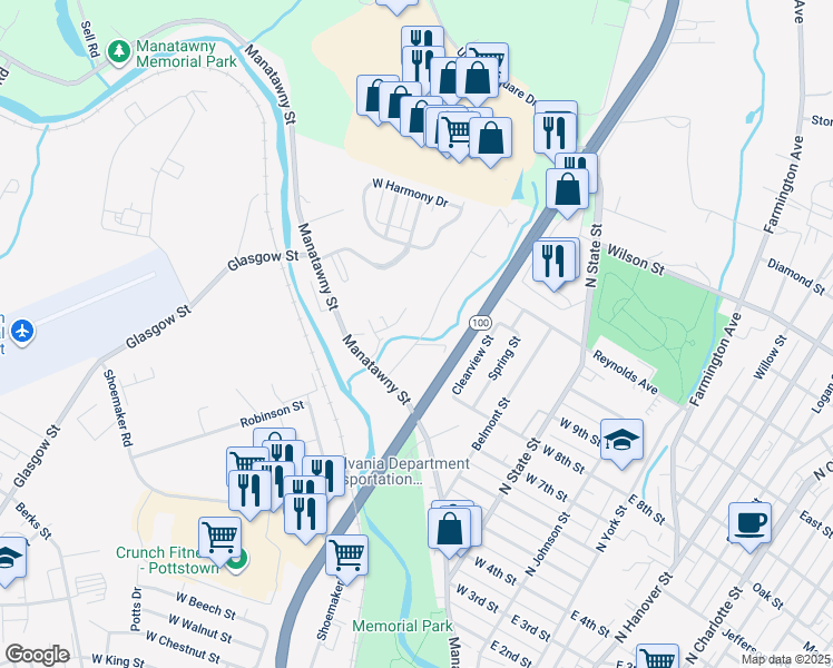 map of restaurants, bars, coffee shops, grocery stores, and more near 495 Upland Street in Pottstown
