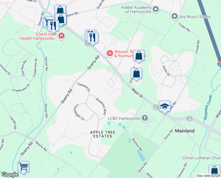 map of restaurants, bars, coffee shops, grocery stores, and more near 447 Ruth Court in Harleysville