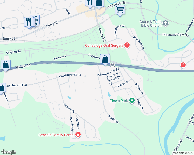 map of restaurants, bars, coffee shops, grocery stores, and more near 7981 Chambers Hill Road in Harrisburg