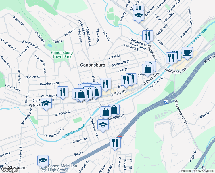 map of restaurants, bars, coffee shops, grocery stores, and more near 129 Greenside Avenue in Canonsburg