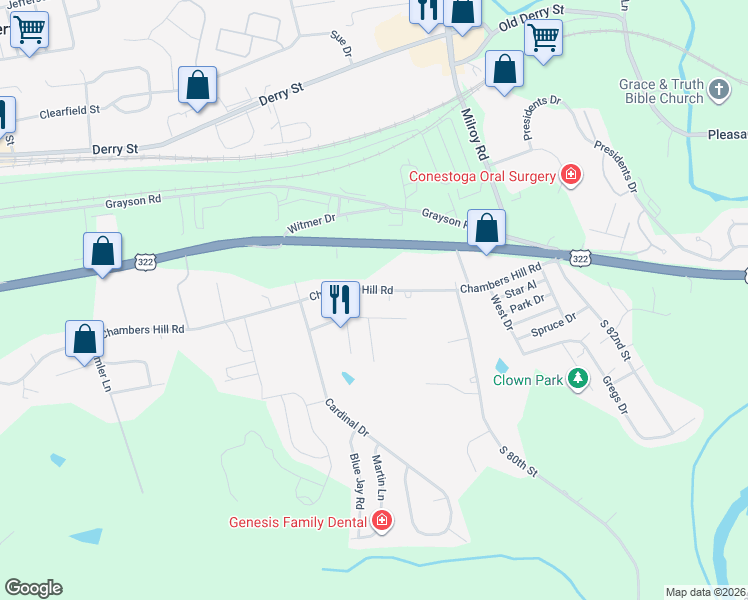 map of restaurants, bars, coffee shops, grocery stores, and more near 7831 Chambers Hill Rd in Harrisburg