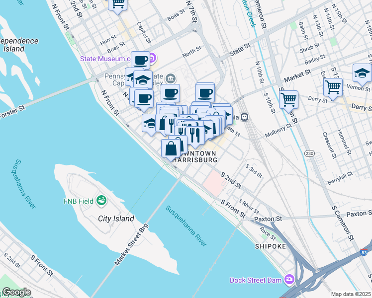 map of restaurants, bars, coffee shops, grocery stores, and more near 17 North 2nd Street in Harrisburg