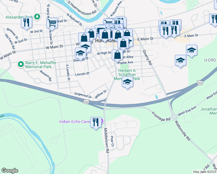 map of restaurants, bars, coffee shops, grocery stores, and more near 250 Willow Street in Hummelstown
