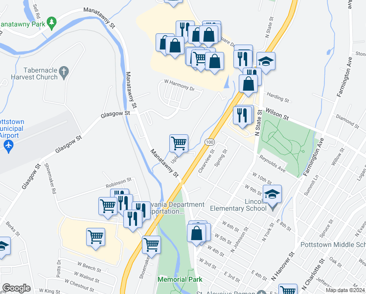 map of restaurants, bars, coffee shops, grocery stores, and more near 497 Upland Street in Pottstown