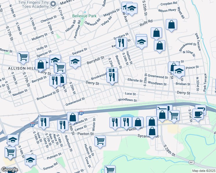 map of restaurants, bars, coffee shops, grocery stores, and more near 2217 Derry Street in Harrisburg