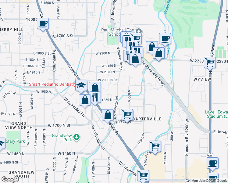 map of restaurants, bars, coffee shops, grocery stores, and more near 1915 North Carterville Road in Provo