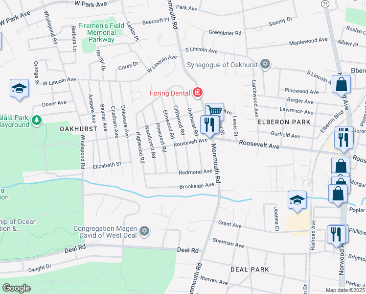 map of restaurants, bars, coffee shops, grocery stores, and more near 414 Roosevelt Avenue in Ocean Township