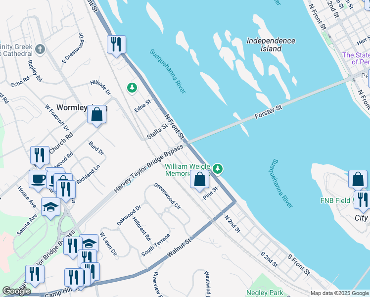 map of restaurants, bars, coffee shops, grocery stores, and more near 436 North Front Street in Wormleysburg