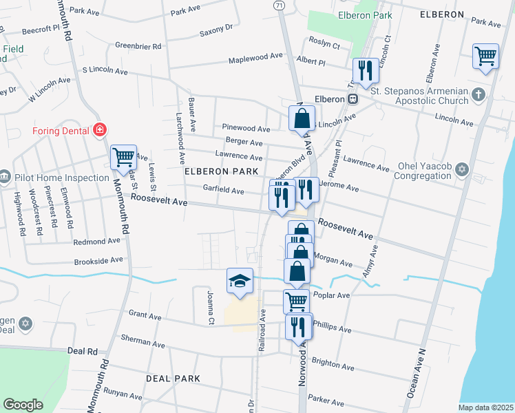 map of restaurants, bars, coffee shops, grocery stores, and more near 241 Roosevelt Avenue in Ocean Township