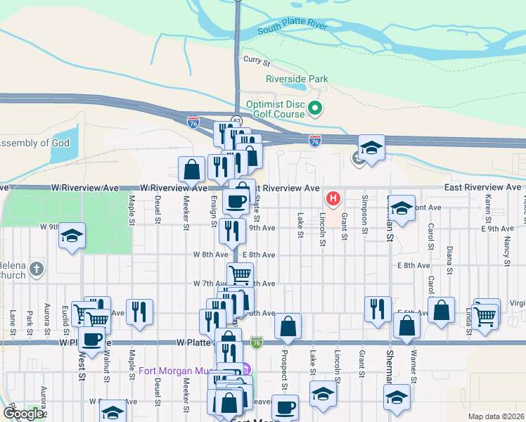 map of restaurants, bars, coffee shops, grocery stores, and more near 1008 State Street in Fort Morgan