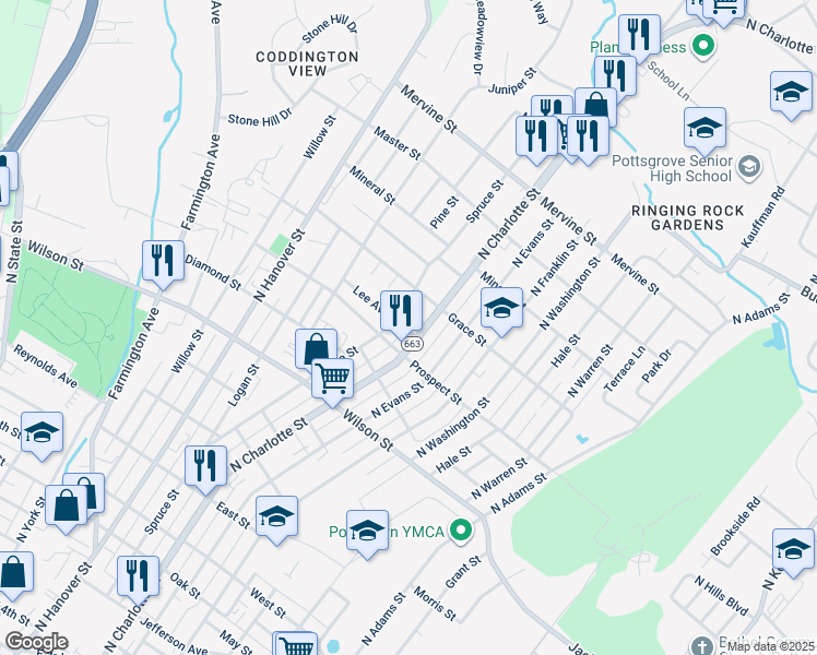 map of restaurants, bars, coffee shops, grocery stores, and more near 285 Lee Ave in Pottstown