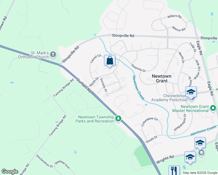 map of restaurants, bars, coffee shops, grocery stores, and more near 1809 Society Place in Newtown