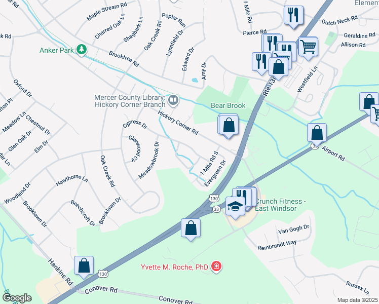 map of restaurants, bars, coffee shops, grocery stores, and more near 65 Cypress Drive in East Windsor