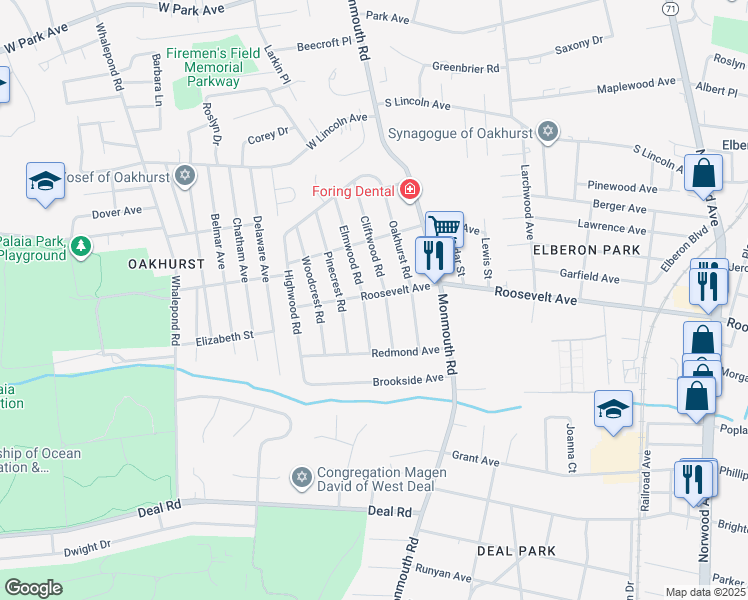 map of restaurants, bars, coffee shops, grocery stores, and more near 414 Roosevelt Avenue in Monmouth County