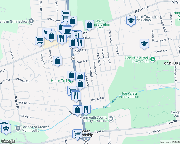 map of restaurants, bars, coffee shops, grocery stores, and more near 713 Auth Avenue in Monmouth County