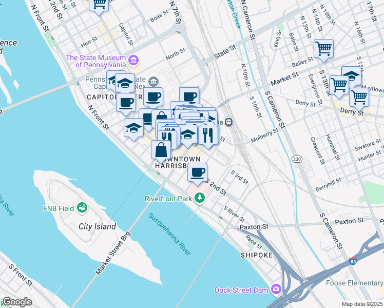 map of restaurants, bars, coffee shops, grocery stores, and more near 215 Market Street in Harrisburg