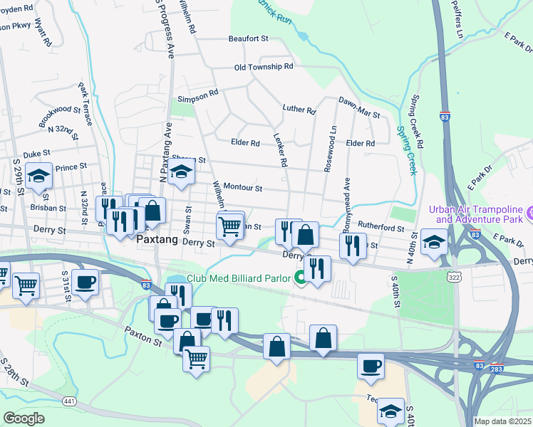 map of restaurants, bars, coffee shops, grocery stores, and more near 3743 Rutherford Street in Harrisburg