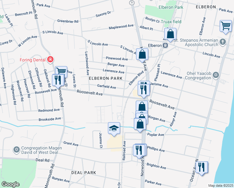 map of restaurants, bars, coffee shops, grocery stores, and more near 259 Roosevelt Avenue in Ocean Township
