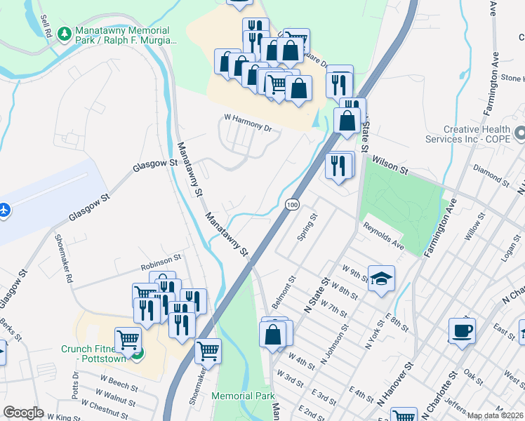 map of restaurants, bars, coffee shops, grocery stores, and more near 504 Upland Street in Pottstown