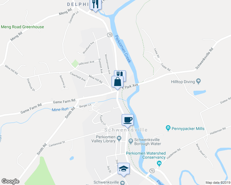 map of restaurants, bars, coffee shops, grocery stores, and more near 693 Main Street in Schwenksville