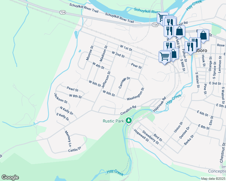 map of restaurants, bars, coffee shops, grocery stores, and more near 537 Silver Brook Drive in Birdsboro