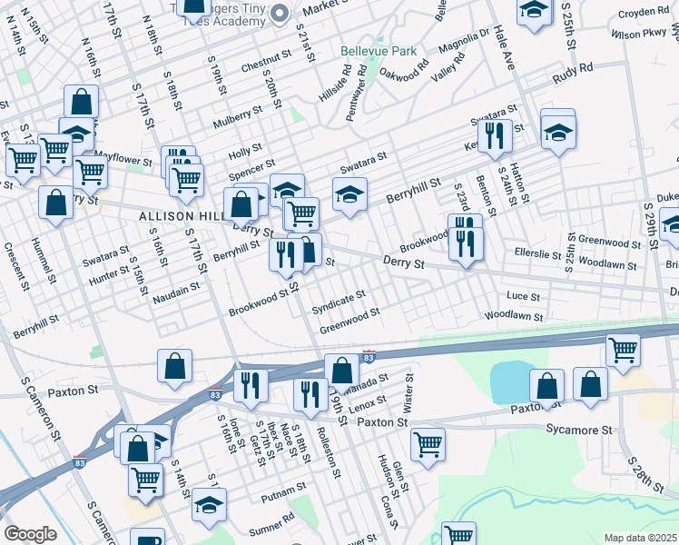 map of restaurants, bars, coffee shops, grocery stores, and more near 2000 Brookwood Street in Harrisburg