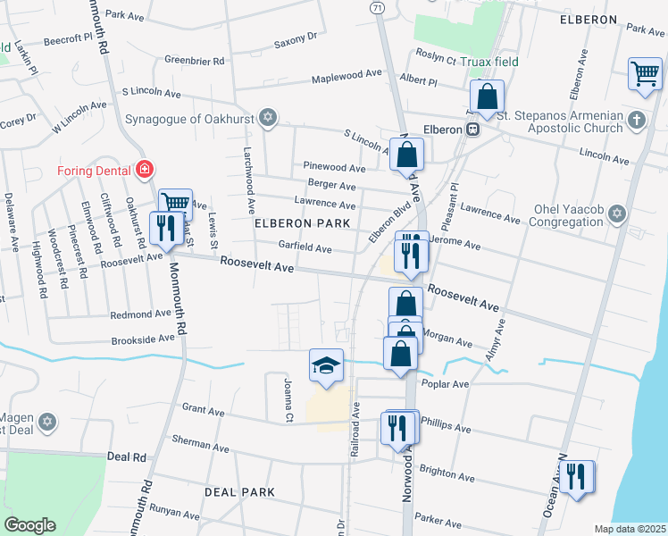 map of restaurants, bars, coffee shops, grocery stores, and more near 259 Roosevelt Avenue in Monmouth County