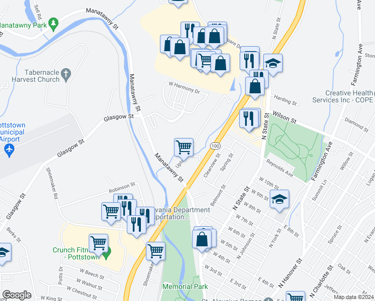 map of restaurants, bars, coffee shops, grocery stores, and more near 501 Upland Street in Pottstown