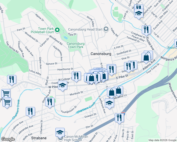 map of restaurants, bars, coffee shops, grocery stores, and more near 106 West College Street in Canonsburg