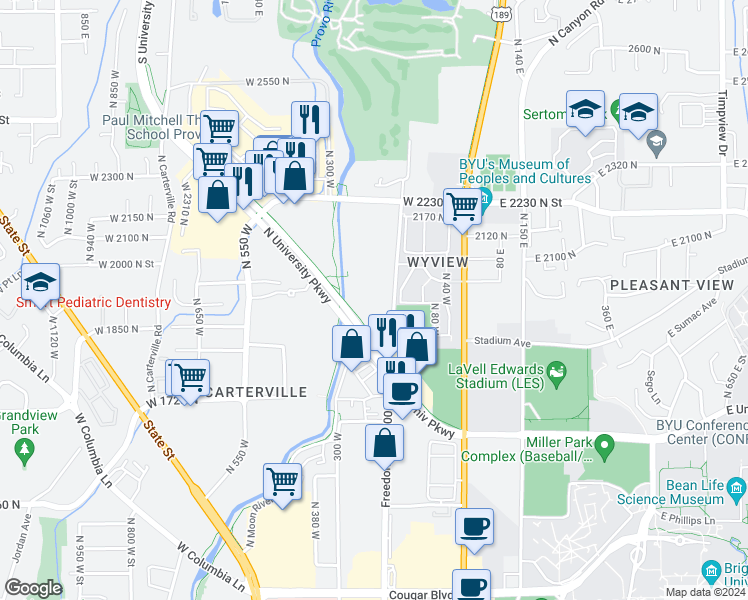 map of restaurants, bars, coffee shops, grocery stores, and more near 1849 North Freedom Boulevard in Provo