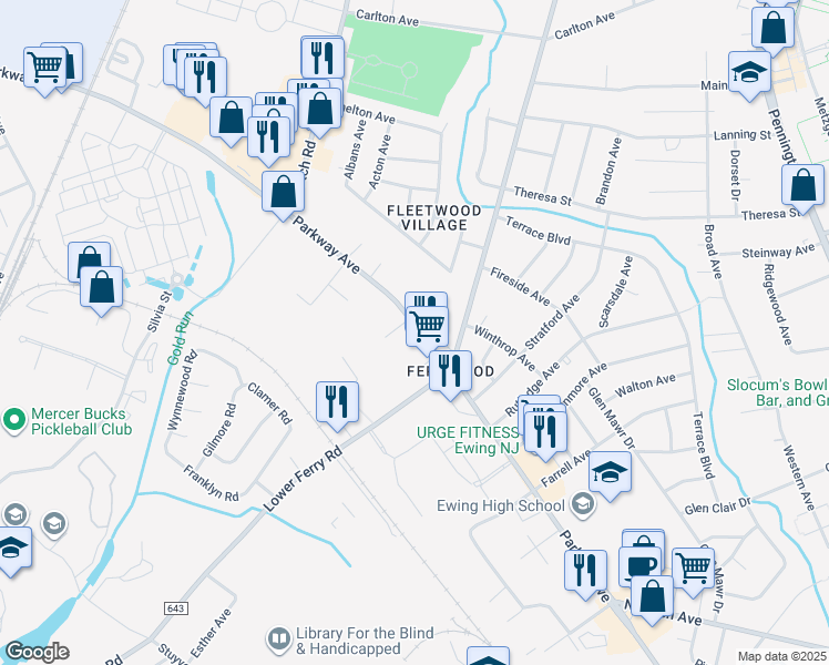 map of restaurants, bars, coffee shops, grocery stores, and more near 1105 Parkway Avenue in Ewing Township