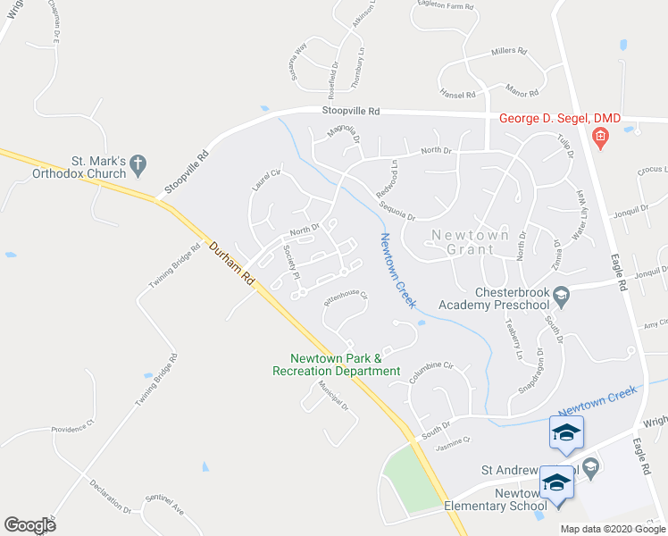 map of restaurants, bars, coffee shops, grocery stores, and more near 1409 Society Place in Newtown