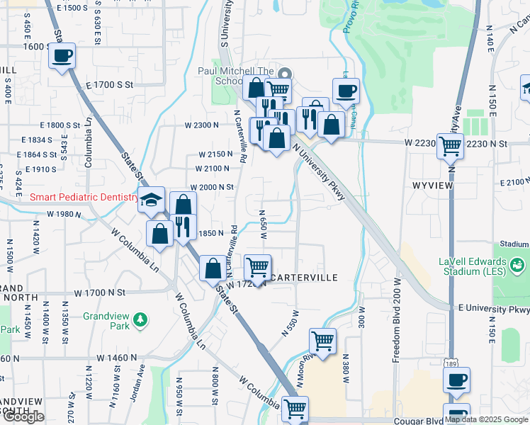 map of restaurants, bars, coffee shops, grocery stores, and more near 1933 North 650 West in Provo