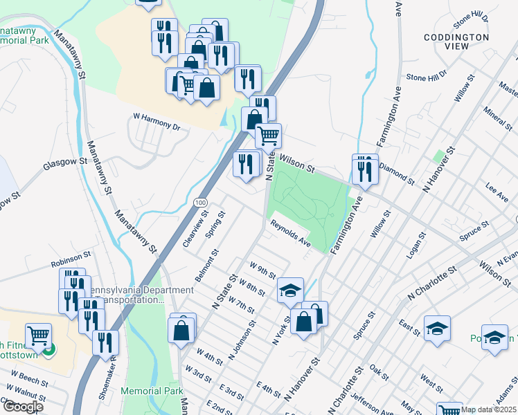 map of restaurants, bars, coffee shops, grocery stores, and more near 117 Reynolds Avenue in Pottstown