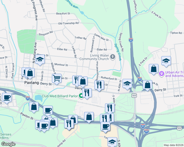 map of restaurants, bars, coffee shops, grocery stores, and more near 3842 Bonnymeade Circle in Harrisburg