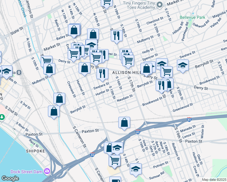 map of restaurants, bars, coffee shops, grocery stores, and more near 448 South 15th Street in Harrisburg