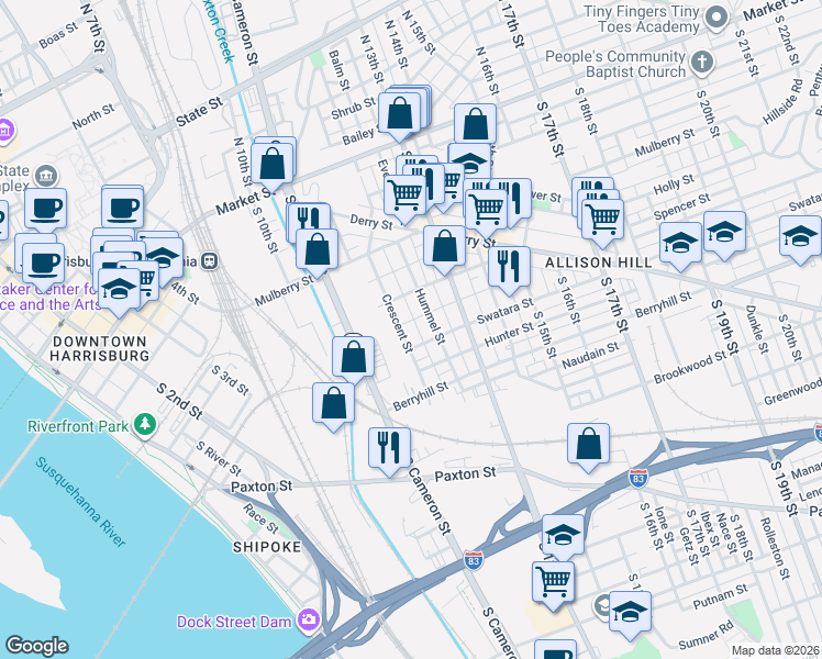 map of restaurants, bars, coffee shops, grocery stores, and more near 1226 Swatara Street in Harrisburg