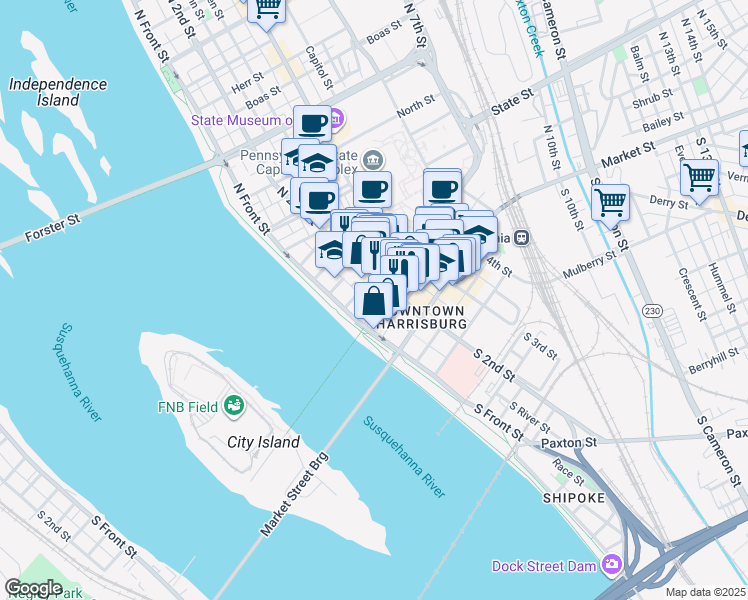 map of restaurants, bars, coffee shops, grocery stores, and more near 114 Walnut Street in Harrisburg