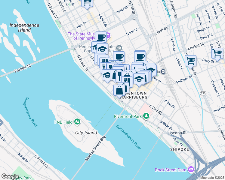 map of restaurants, bars, coffee shops, grocery stores, and more near 205 North Front Street in Harrisburg