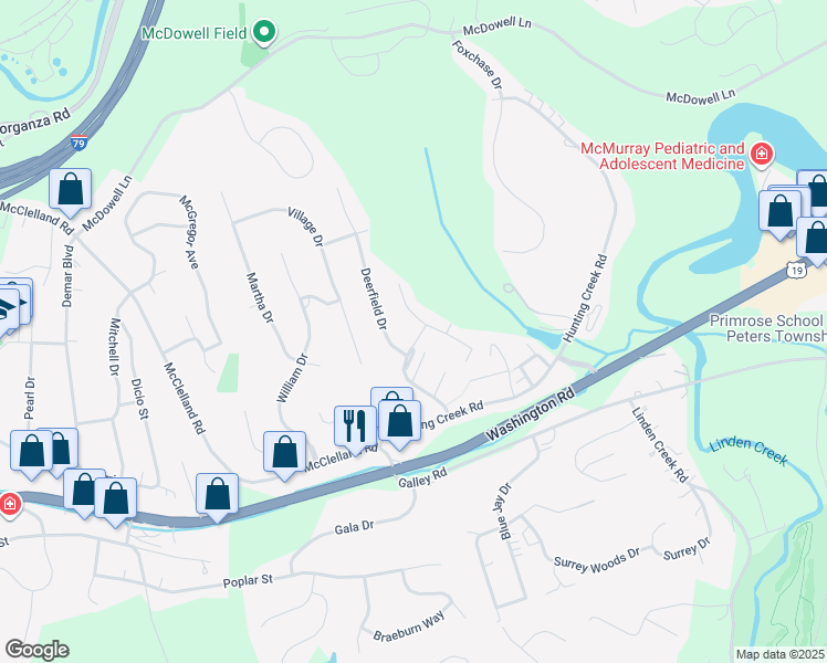map of restaurants, bars, coffee shops, grocery stores, and more near 171 Meadowview Drive in Canonsburg